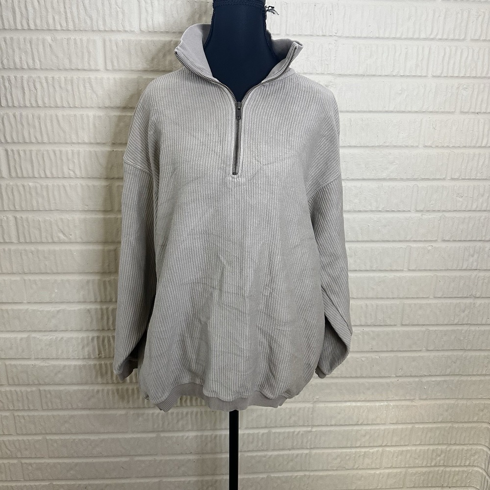 Aerie Quarter Zip Sweatshirt Ribbed Beige Size XS 100% Cotton Oversized Relaxed